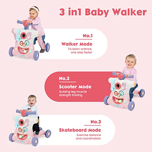 Baby Sit-to-Stand Learning Walker, 3 in 1 Baby Walker for Boys Girls Toddlers, Educational Baby Push Walkers with Entertainment Activity Center, Baby Music Learning Toy Gift for Infant Boys Girls