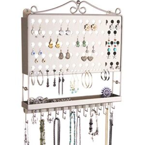 angelynn's stud dangle earring holder wall hanging jewelry organizer display necklace bracelet closet storage rack tray, aaa satin nickel silver