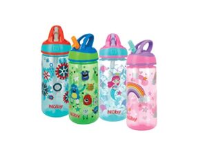 nuby 2 pack iridescent flip-it kids on-the-go printed water bottle with bite proof hard straw - 18oz / 540 ml, 18+ months, 2 pk prints may vary