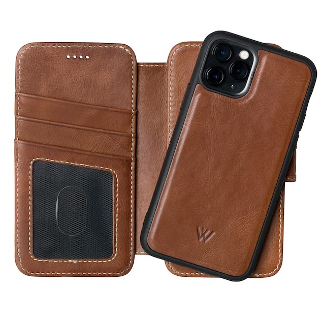 Wilken iPhone 14 Pro Leather Wallet Case with Detachable Magnetic Phone Case | Compatible with MagSafe and All Wireless Charging Accessories | Genuine Leather Magnetic Wallet Case (14 Pro, Brown)