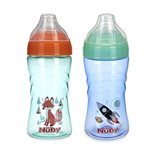 Nuby 2 Pack No Spill Printed Thirsty Kids No-Spill Sip-it Sport Cup with Soft Spout and Lid - 12oz, 12+ Months,2 Count(Pack of 1),Print May Vary