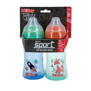 Nuby 2 Pack No Spill Printed Thirsty Kids No-Spill Sip-it Sport Cup with Soft Spout and Lid - 12oz, 12+ Months,2 Count(Pack of 1),Print May Vary