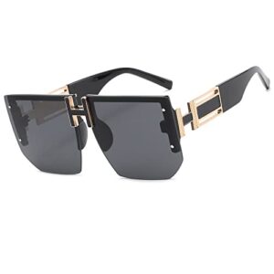 rimless oversized y2k sunglasses for women men uv400 fashion diamond cut vintage square flat top sun glasses ​shades (black frame black lens)
