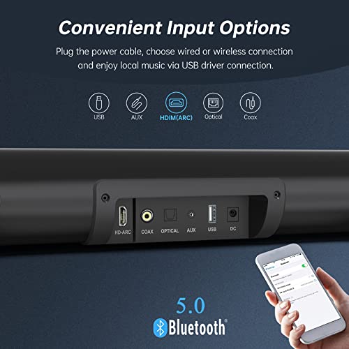 BESTISAN Sound Bar, 80 watts 33.5 inch Sound Bars for TV with Bluetooth 5.0, 3 Equalizer Modes Audio, Bass Adjustable, HDMI/Optical/Coaxial/Aux/USB Connection for Home Theater, Gaming, PC, Projectors