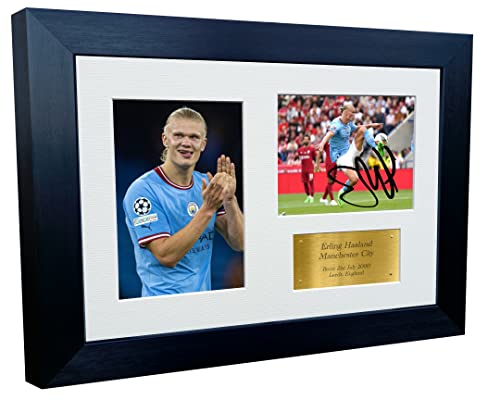 Kitbags & Lockers 12x8 A4 Erling Haaland Manchester City Triple Autographed Signed Photo Photograph Picture Frame Football Soccer Poster Gift Gold, Black