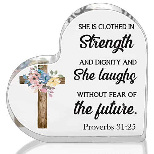 Christian Gifts Religious Gifts Scripture Gifts for Women Inspirational Gifts with Bible Verse and Prayers Religious Gifts Acrylic Heart Keepsake for Best Friends（Strength and Dignity）