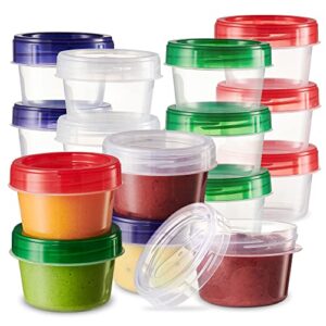 elegant disposables baby food storage containers 12 pack, 4 ounce colored twist on lids, plastic, 1/2 cup small freezer storage container