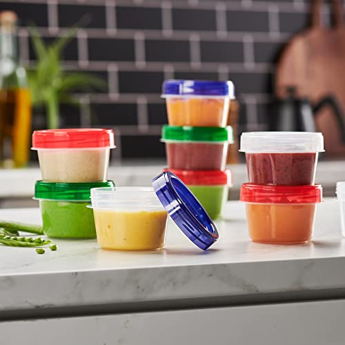 Elegant Disposables Baby Food Storage Containers 24 Pack, 4 ounce Colored Twist on Lids, Plastic, 1/2 Cup Small Freezer Storage Container