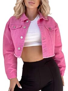 floerns women's button front ripped crop denim jacket coat pink m