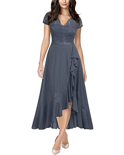 Miusol Women's V Neck Elegant Lace Ruffle Bridesmaid Maxi Dress (XX-Large, Gray)