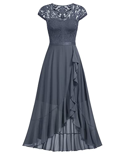 Miusol Women's V Neck Elegant Lace Ruffle Bridesmaid Maxi Dress (XX-Large, Gray)