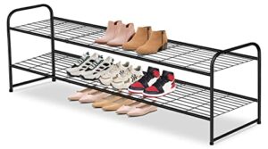 aooda long 2 tier shoe rack for closet metal wide stackable shoe storage organizer for entryway, bedroom, floor, 18-pairs low shoe shelf, black