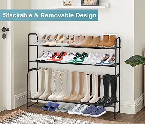 AOODA Long 2 Tier Shoe Rack for Closet Metal Wide Stackable Shoe Storage Organizer for Entryway, Bedroom, Floor, 18-Pairs Low Shoe Shelf, Black