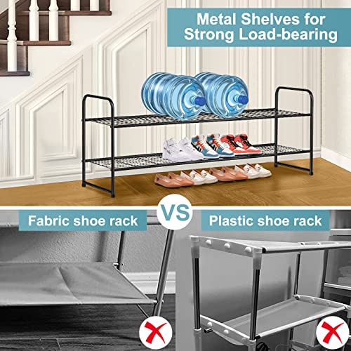 AOODA Long 2 Tier Shoe Rack for Closet Metal Wide Stackable Shoe Storage Organizer for Entryway, Bedroom, Floor, 18-Pairs Low Shoe Shelf, Black