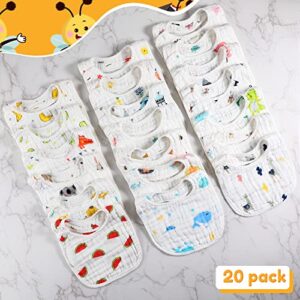 20 Pcs Muslin Bibs Baby Bandana Drool Bibs Adjustable Cotton Bibs for Boys Girls Newborn Infant 6 Absorbent Layers Newborn Bibs for Baby Boy Girl Feeding, Drooling and Teething