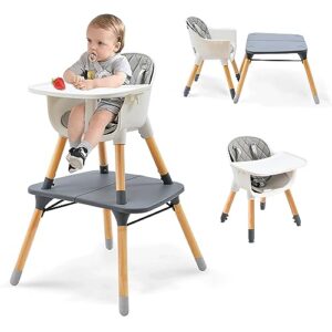 ikare wooden baby high chair w/removable tray & safety harness, 5-in-1 kids chair table set/booster seat/infant feeding chair | grows with your child | adjustable legs | modern wood design (gray)