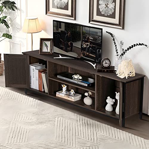 WEENFON Farmhouse TV Stand for 55 Inch TV, TV Console with Storage Barn Doors,Entertainment Center for Living Room, Bedroom, TV Stand with Stable Metal Frame, Dark Brown