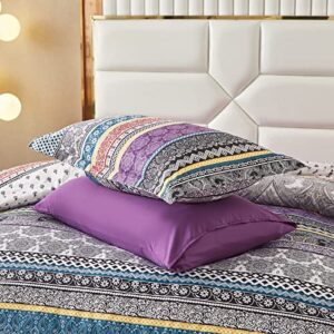 Boho Comforter Set Queen Size,8 Piece Bed in a Bag Bohemian Striped Bedding Quilt Set,Purple Paisley Floral Comforter and Sheet Set,Soft Microfiber Complete Bedding Sets for All Season