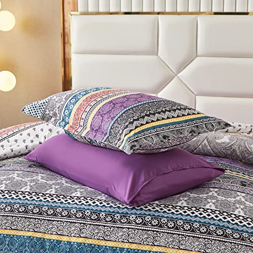 Boho Comforter Set Queen Size,8 Piece Bed in a Bag Bohemian Striped Bedding Quilt Set,Purple Paisley Floral Comforter and Sheet Set,Soft Microfiber Complete Bedding Sets for All Season