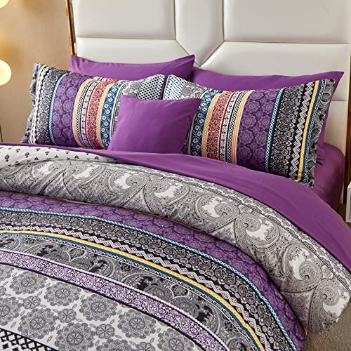 Boho Comforter Set Queen Size,8 Piece Bed in a Bag Bohemian Striped Bedding Quilt Set,Purple Paisley Floral Comforter and Sheet Set,Soft Microfiber Complete Bedding Sets for All Season