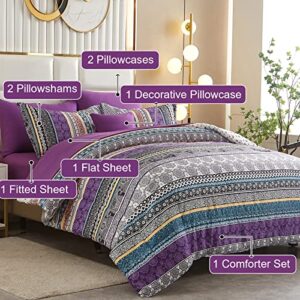 Boho Comforter Set Queen Size,8 Piece Bed in a Bag Bohemian Striped Bedding Quilt Set,Purple Paisley Floral Comforter and Sheet Set,Soft Microfiber Complete Bedding Sets for All Season