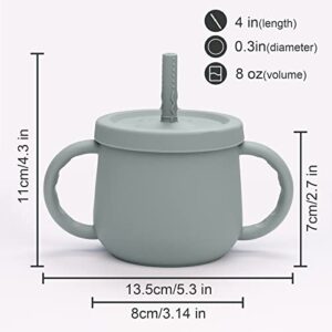 Baby Straw Cup Silicone Toddler Sippy Cup with Straw & Snack Lid, Sprill Proof Training Cup for Infant 6+ Months, Kid Snack Cup Drinking Open Cup 8 OZ (Sea Grey)