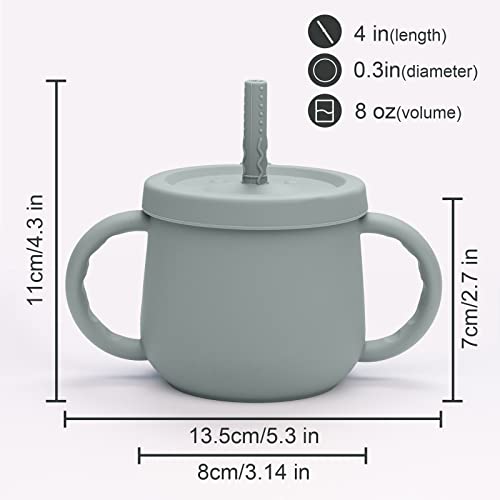 Baby Straw Cup Silicone Toddler Sippy Cup with Straw & Snack Lid, Sprill Proof Training Cup for Infant 6+ Months, Kid Snack Cup Drinking Open Cup 8 OZ (Sea Grey)