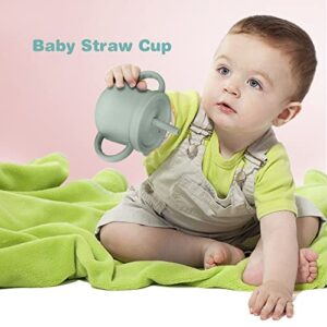 Baby Straw Cup Silicone Toddler Sippy Cup with Straw & Snack Lid, Sprill Proof Training Cup for Infant 6+ Months, Kid Snack Cup Drinking Open Cup 8 OZ (Sea Grey)