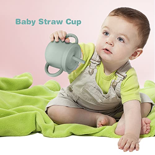 Baby Straw Cup Silicone Toddler Sippy Cup with Straw & Snack Lid, Sprill Proof Training Cup for Infant 6+ Months, Kid Snack Cup Drinking Open Cup 8 OZ (Sea Grey)