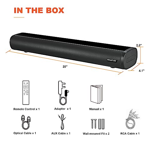 Mufoli Sound bar for TV 20 inch TV Soundbar 80W Home Theater Soundbar Speaker, 3D Surround Sound & 3 EQ Modes, with Bluetooth, HDMI, RCA, AUX, USB, Opt Connection, for Gaming, Projectors, PC, Phones