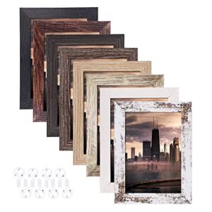 5x7 picture frames set of 8, rustic picture frames multi wood pattern, hd plastic cover (plexiglass) display photos 4x6 with mat or 5x7 without mat,vertical and horizontal formats for wall hanging and tabletop display,perfect for rustic home & office deco
