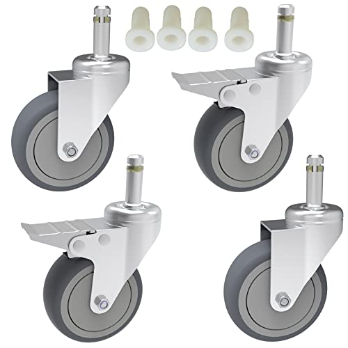 RILIDRI 4-Inch Swivel Stem Caster, 7/16-Inch Stem Diameter Rubber Wheel, Heavy Duty TPR Replacement Wheels for Rubbermaid Mop Bucket Cart Grill Casters - 4 Pack (2 Brakes 2 Swivel)