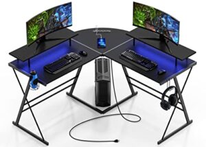 evajoy gaming desk, l shaped computer corner desk, 53" ergonomic gaming table with monitor stands, pc desk with led strips and power outlets, carbon fiber surface with cup holder, headphone hook