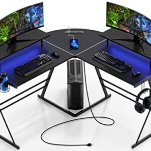 Evajoy Gaming Desk, L Shaped Computer Corner Desk, 53" Ergonomic Gaming Table with Monitor Stands, PC Desk with LED Strips and Power Outlets, Carbon Fiber Surface with Cup Holder, Headphone Hook