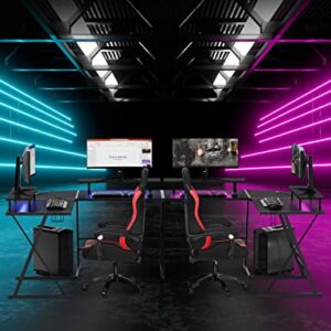 Evajoy Gaming Desk, L Shaped Computer Corner Desk, 53" Ergonomic Gaming Table with Monitor Stands, PC Desk with LED Strips and Power Outlets, Carbon Fiber Surface with Cup Holder, Headphone Hook