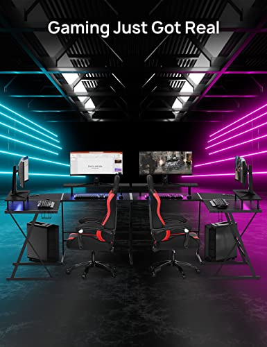 Evajoy Gaming Desk, L Shaped Computer Corner Desk, 53" Ergonomic Gaming Table with Monitor Stands, PC Desk with LED Strips and Power Outlets, Carbon Fiber Surface with Cup Holder, Headphone Hook