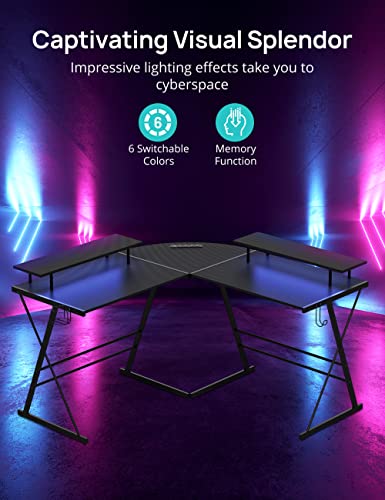 Evajoy Gaming Desk, L Shaped Computer Corner Desk, 53" Ergonomic Gaming Table with Monitor Stands, PC Desk with LED Strips and Power Outlets, Carbon Fiber Surface with Cup Holder, Headphone Hook