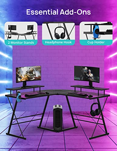 Evajoy Gaming Desk, L Shaped Computer Corner Desk, 53" Ergonomic Gaming Table with Monitor Stands, PC Desk with LED Strips and Power Outlets, Carbon Fiber Surface with Cup Holder, Headphone Hook