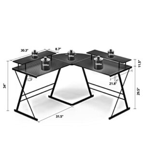 Evajoy Gaming Desk, L Shaped Computer Corner Desk, 53" Ergonomic Gaming Table with Monitor Stands, PC Desk with LED Strips and Power Outlets, Carbon Fiber Surface with Cup Holder, Headphone Hook