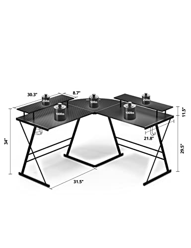 Evajoy Gaming Desk, L Shaped Computer Corner Desk, 53" Ergonomic Gaming Table with Monitor Stands, PC Desk with LED Strips and Power Outlets, Carbon Fiber Surface with Cup Holder, Headphone Hook