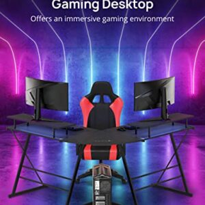 Evajoy Gaming Desk, L Shaped Computer Corner Desk, 53" Ergonomic Gaming Table with Monitor Stands, PC Desk with LED Strips and Power Outlets, Carbon Fiber Surface with Cup Holder, Headphone Hook