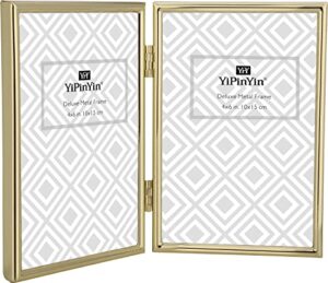 yipinyin 4x6''hinged double simply gold metal picture frame, elegant narrow plated metal photo frames 4 x 6'' with soft touch velvet backing for desktop