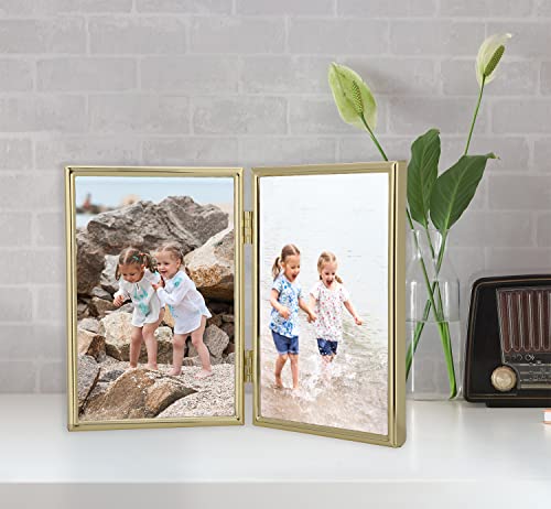 YiPinYin 4x6''Hinged Double Simply Gold Metal Picture Frame, Elegant Narrow Plated Metal Photo Frames 4 x 6'' With Soft Touch Velvet Backing for Desktop