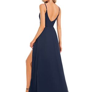 Ever-Pretty Women's A Line Spaghetti Straps Side Slit Double V-Neck Ruched Chiffon Long Formal Dress Navy Blue US8