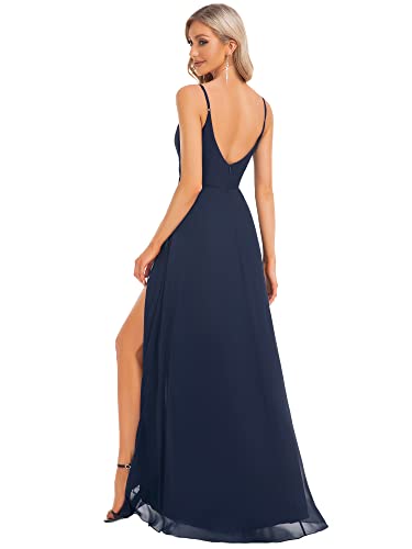Ever-Pretty Women's A Line Spaghetti Straps Side Slit Double V-Neck Ruched Chiffon Long Formal Dress Navy Blue US8