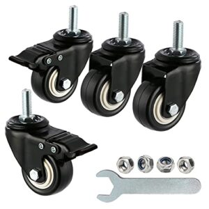 2" stem caster wheels heavy duty threaded swivel caster wheel no noise swivel castors for trolley, workbench, furniture, 440 lbs load capacity set of 4 (2 with brake & 2 without)