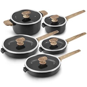 nonstick cookware set non toxic 100% pfoa free compatible induction pots and pans sets with glass lids (pack-kc-10, black)