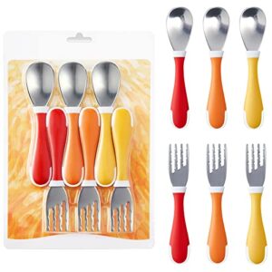 6 piece toddler utensils stainless steel baby forks and spoons silverware set for kids, bpa free dishwasher safe, 12+ months, red/orange/yellow