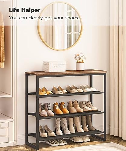 HOOBRO Shoe Rack, 4 Tier Shoe Storage Organizer, Shoe Shelf with 3 Oxford Fabric Shelves and Top Panel, Holds 12-16 Pairs of Shoes, for Entryway, Closet, Steel Frame, Industrial, Rustic Brown BF47XJ01G1