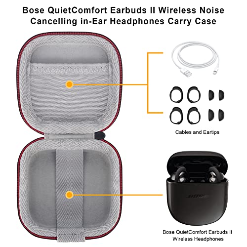 Elonbo Hard Carrying Case for New Bose QuietComfort Earbuds II Wireless Noise Cancelling in-Ear Headphones, Bose QC Earbuds 2 Protective Case Cover, Extra Mesh Pocket Fits Cables and Eartips, Black